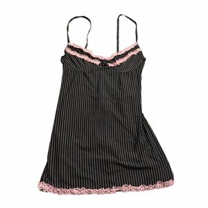 90s American Vintage Pinstripe Mini Slip Dress w Lace & Split Back Black/White L